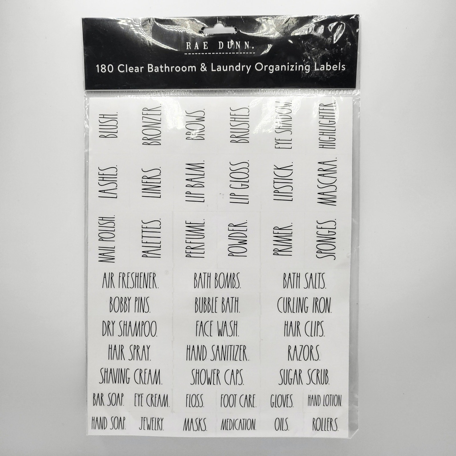 NEW Sealed Rae Dunn 180 Clear Bathroom & Laundry Organizing Labels Black Letters