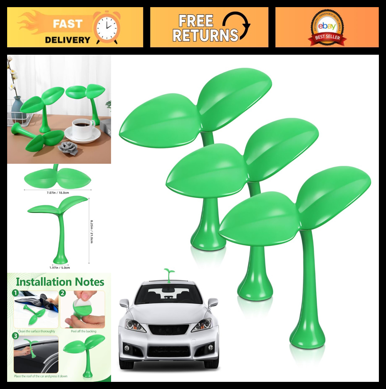 3D Green Plant Car Roof Decoration Sticker – Automotive Exterior Decal, 8.26″x7.