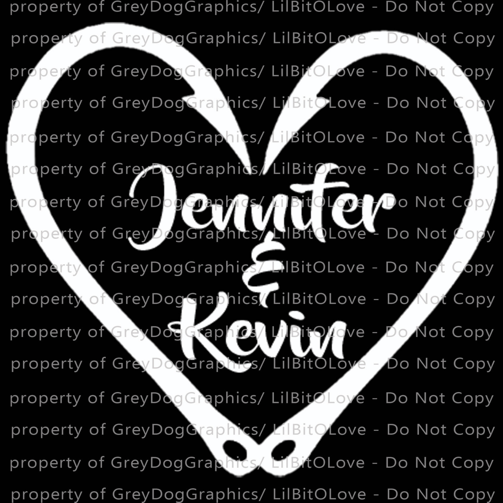 Custom Fish Hook Heart Personalized with Couple’s Names Vinyl Decal Sticker