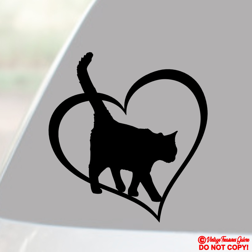 CAT HEART Vinyl Decal Sticker Window Wall Bumper FELINE LOVE CRAZY KITTEN LADY