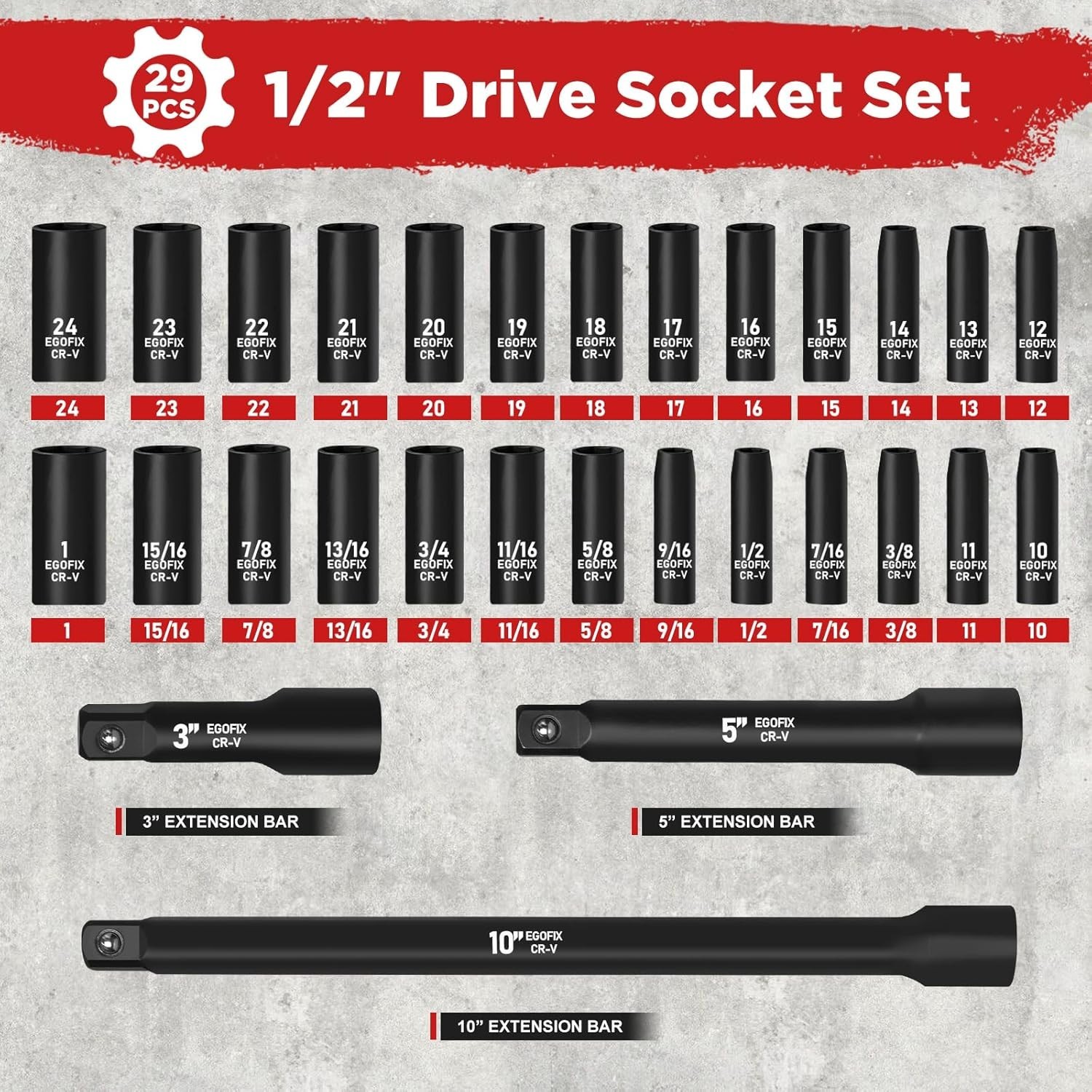 29 Pieces 1/2″ Socket Set, Drive Deep Impact Socket Set with 3″, 5″, 10″ Extensi