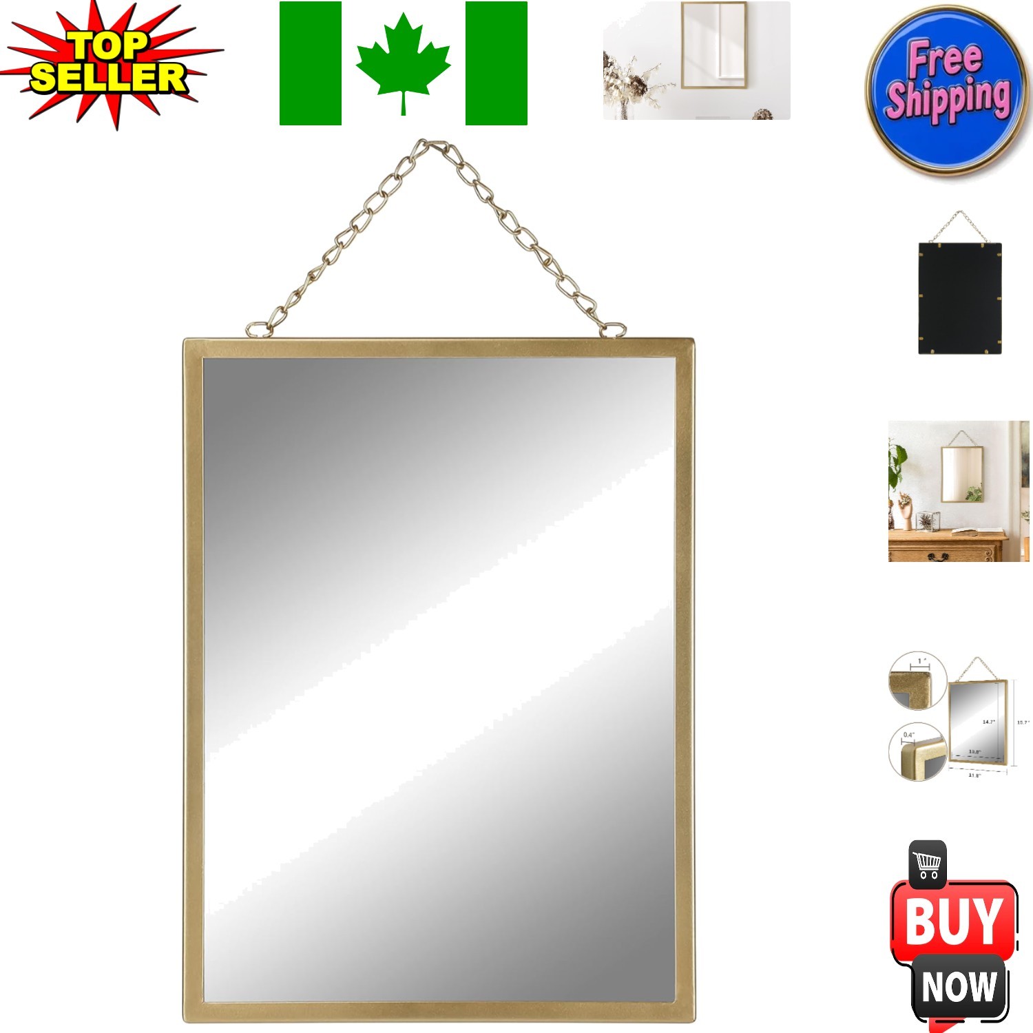 Elegant Gold Hanging Mirror with Chain – 12×16 Inch Decorative Accent