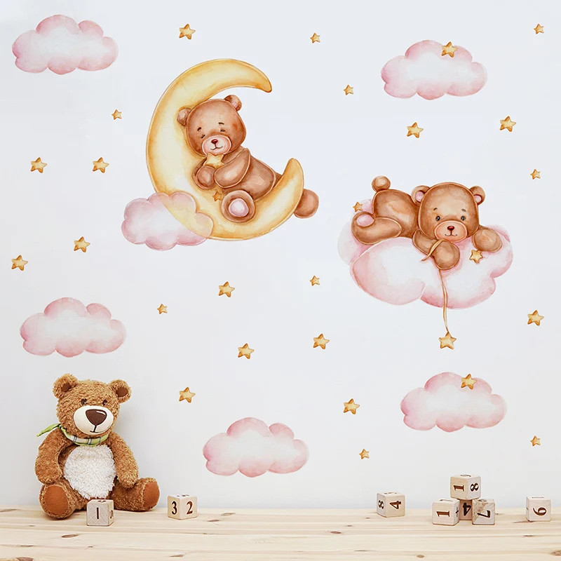 Cute Bear Star Cloud Wall Stickers for Kids Rooms Girls Boys Baby Room Bedroom
