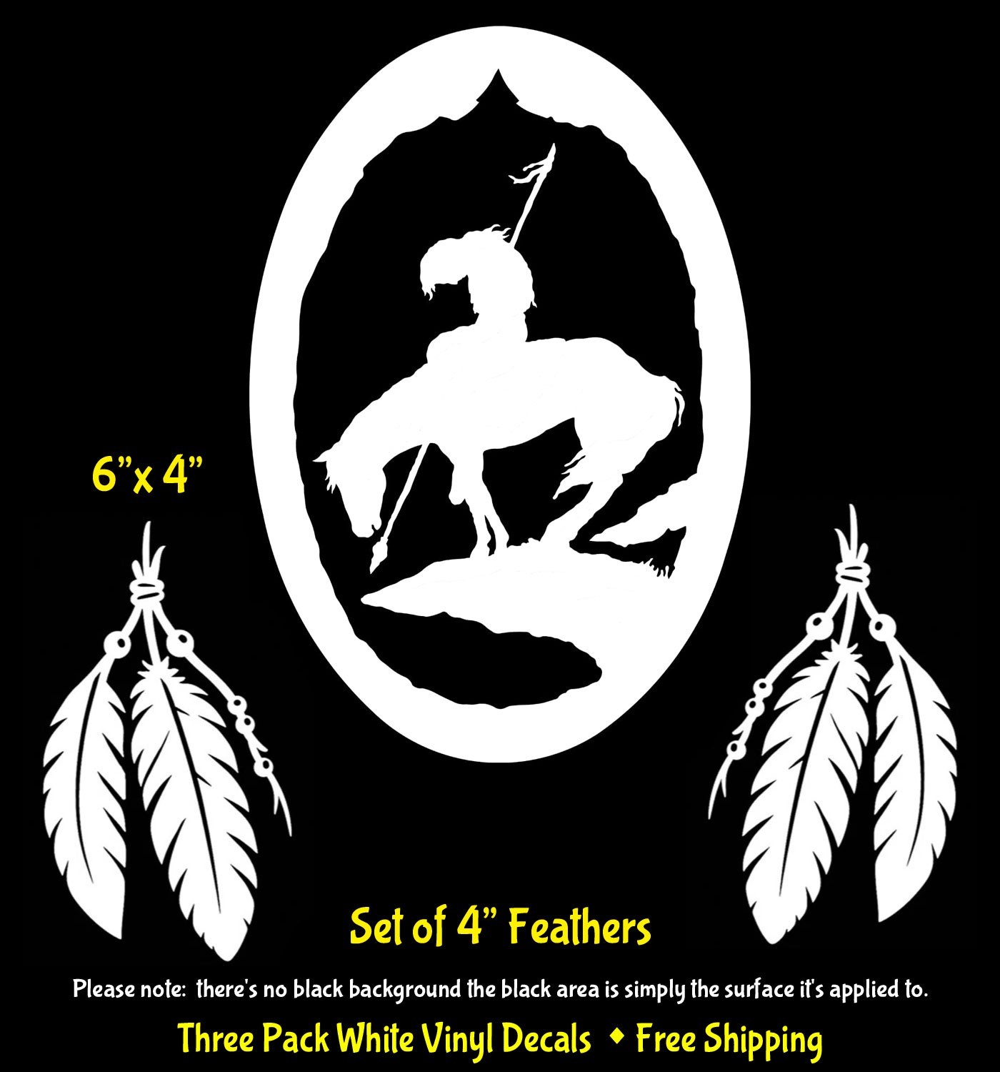 End of the Trail Native American & Two 4″ Feathers White Vinyl Decals Window Car