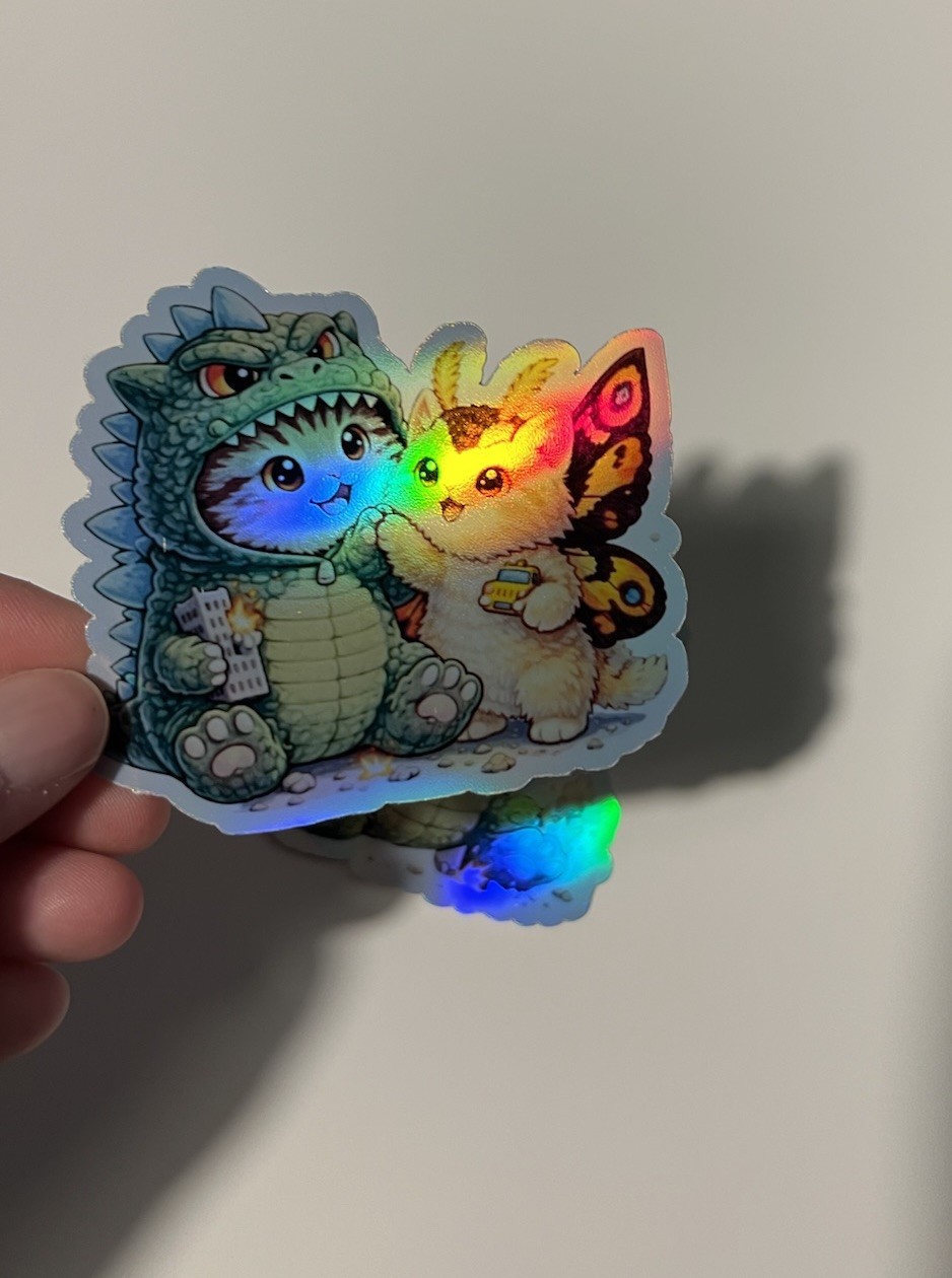 Godzilla Catzilla & Kitty Mothra Cute 3 Inch Waterproof Holographic Sticker Set