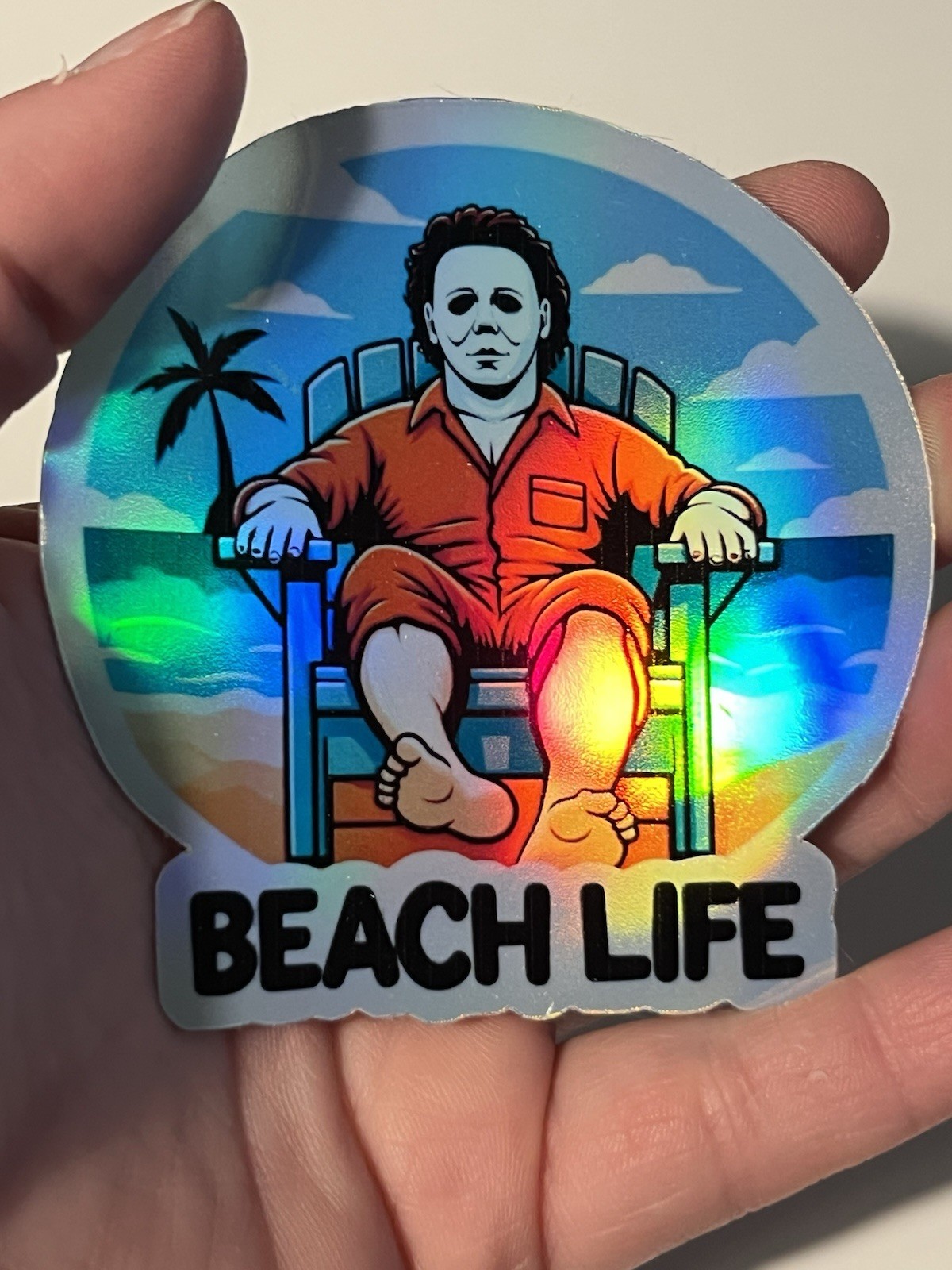 Michael Myers Halloween Beach Life, Holographic Vinyl Sticker 3 Inch Waterproof