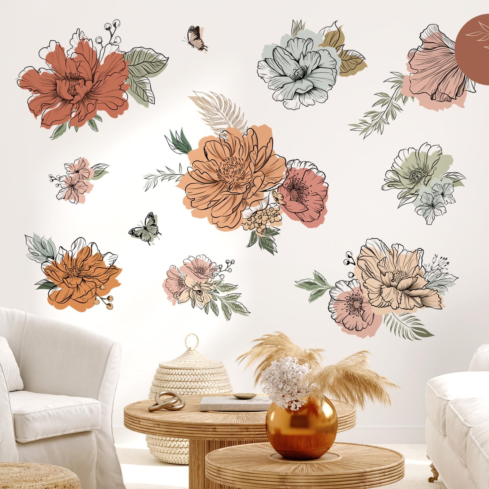 Boho Vintage Large Flower Wall Decals Bohemian Floral Sun Butterfly Wall Stic…