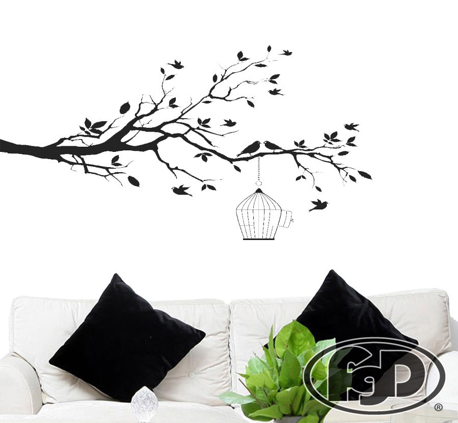 FGD Whimsical Bird Cage & Tree Silhouette Vinyl Wall Decal 20″ x 38″