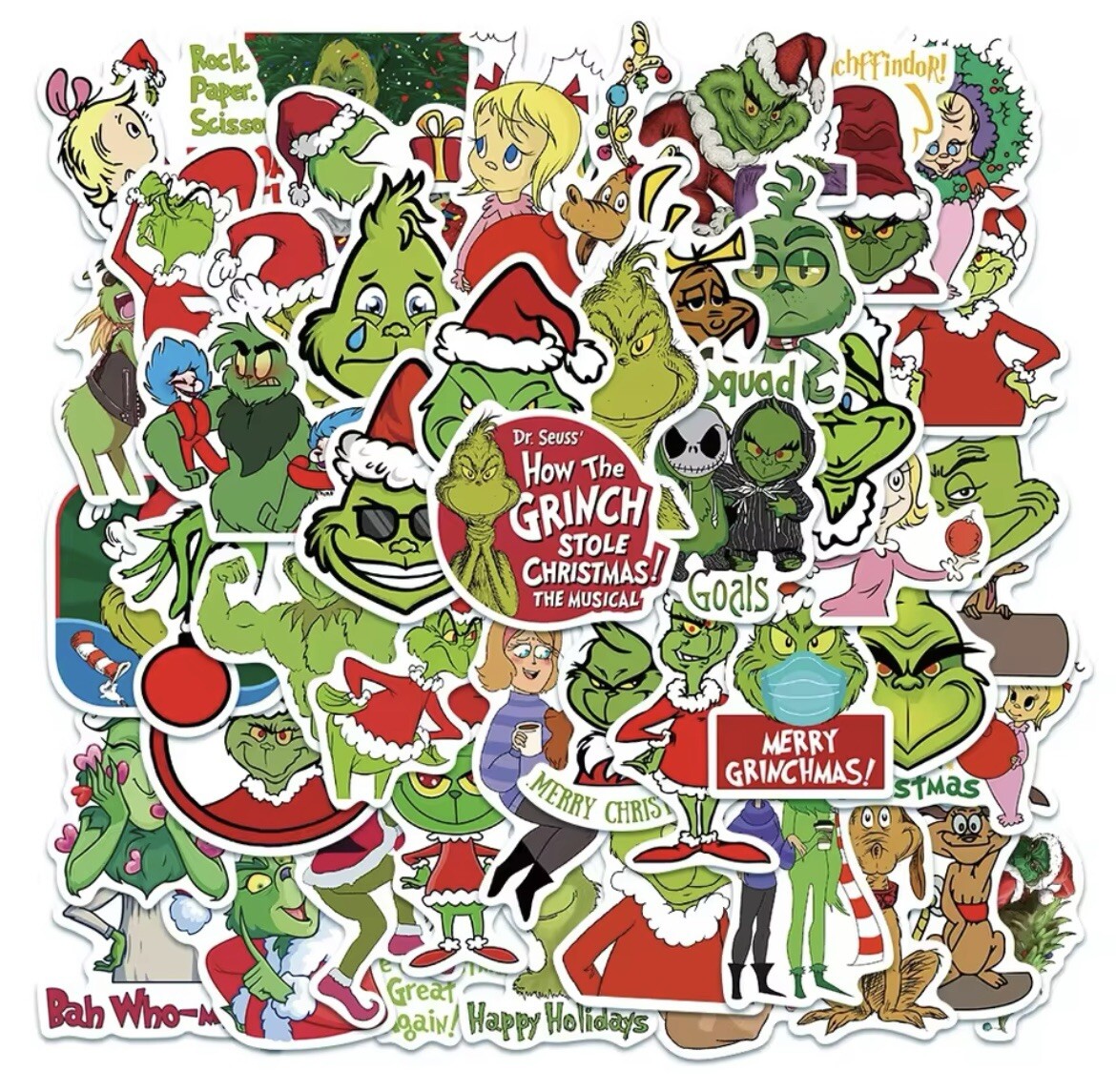 Grinch Christmas Style Stickers 50pk Mixed Grinch Themed Random Funny Stickers