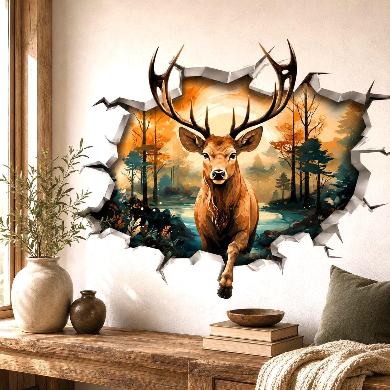 3D Deer Wall Vinyl Decal | Stag Broken Wall Illusion Sticker