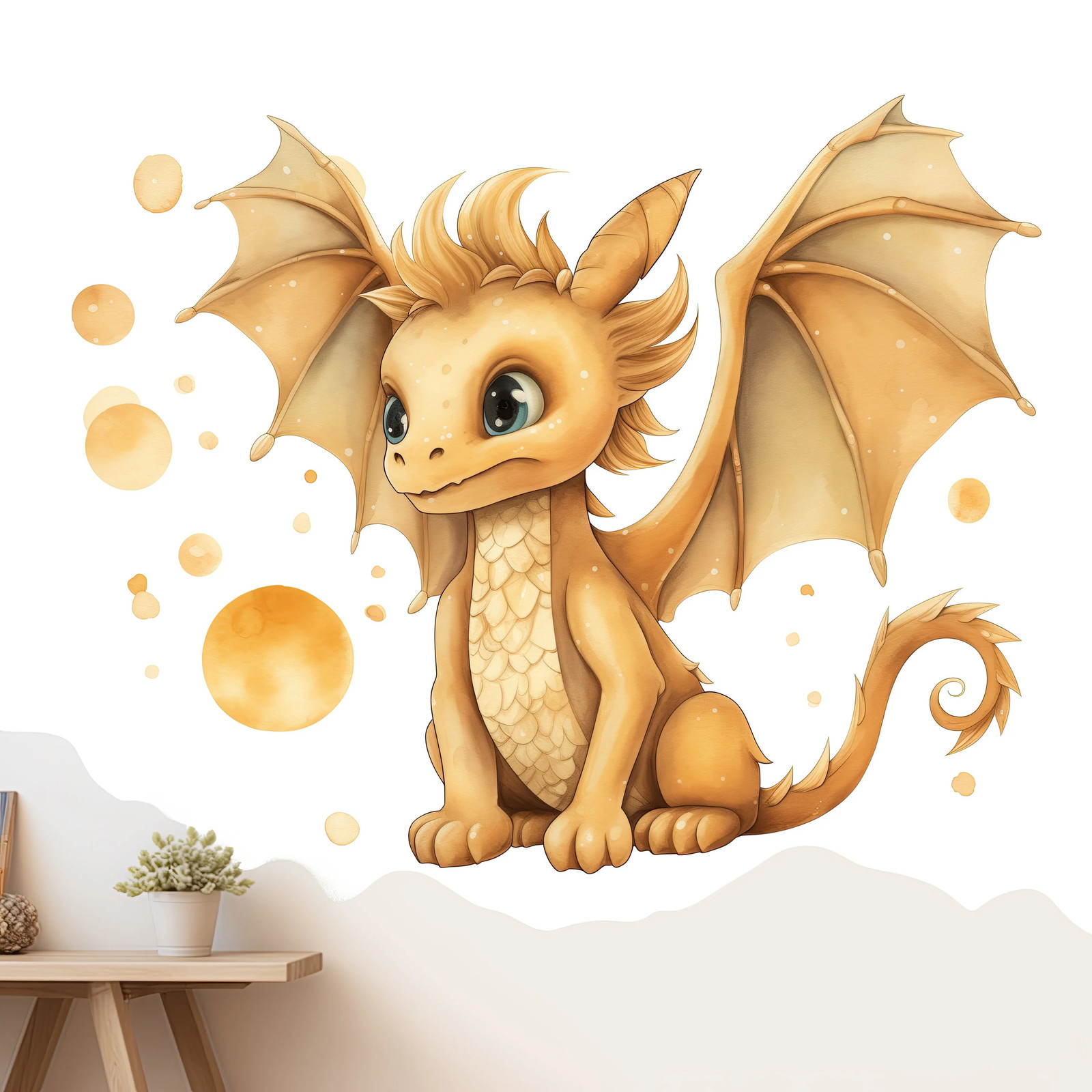 Enchanted Gold Dragon Wall Decal – Whimsical Baby Dragon Sticker Mural –