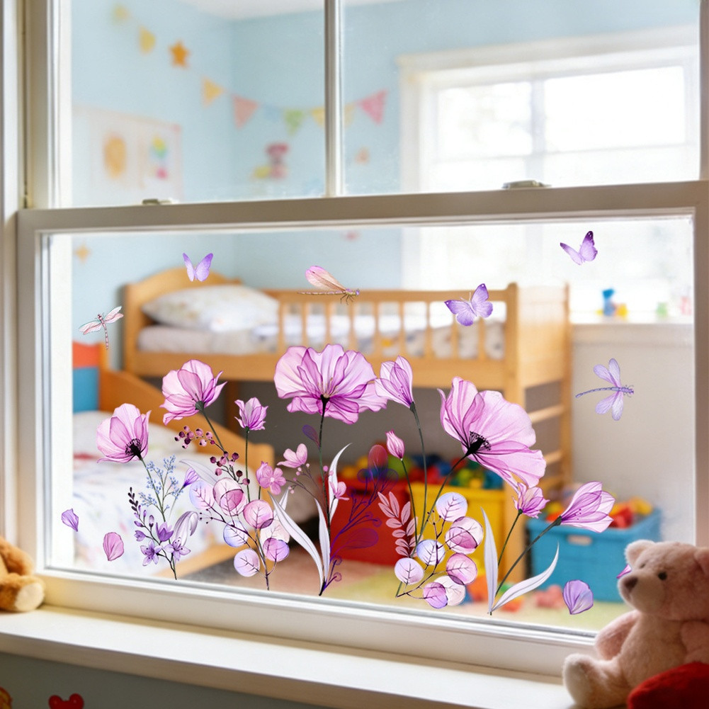 Double Sided Purple Floral Butterfly Static Window Sticker PVC Material