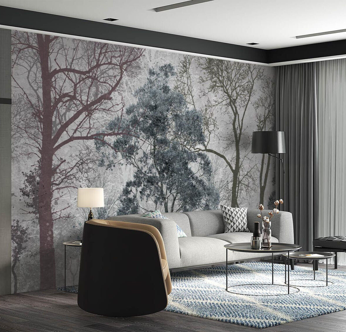 Forest Wallpaper, Winter Trees Wall Mural, Decal. Self-adhesive