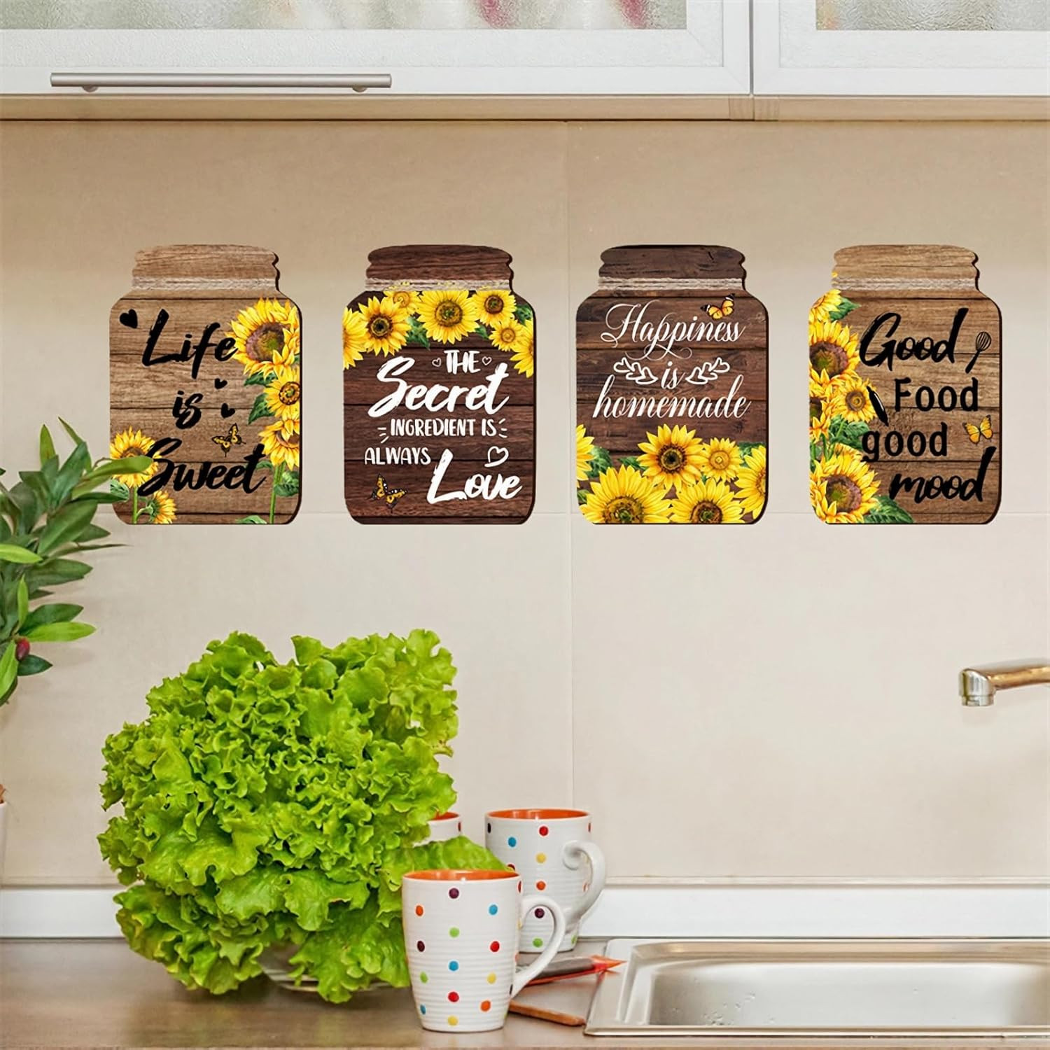 8 Sheets Sunflower Spice Jar Kitchen Wall Stickers, Kitchen Quotes Utensils DIY