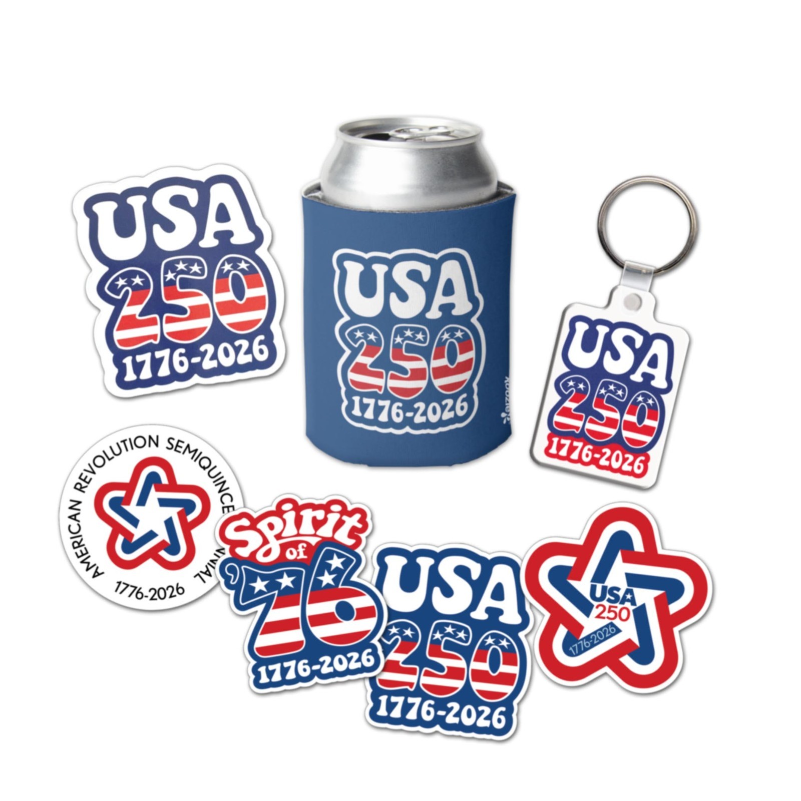 USA 250 Party Pack: Can Cooler, Stickers, Magnet, Keychain – 1776-2026