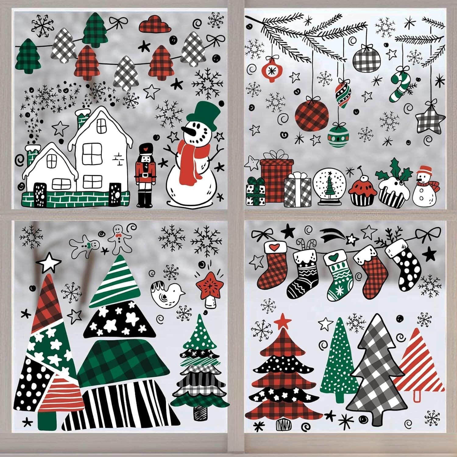 Christmas Wall Stickers Decoration 9 Sheets, Buffalo Plaid Christmas Wall De…