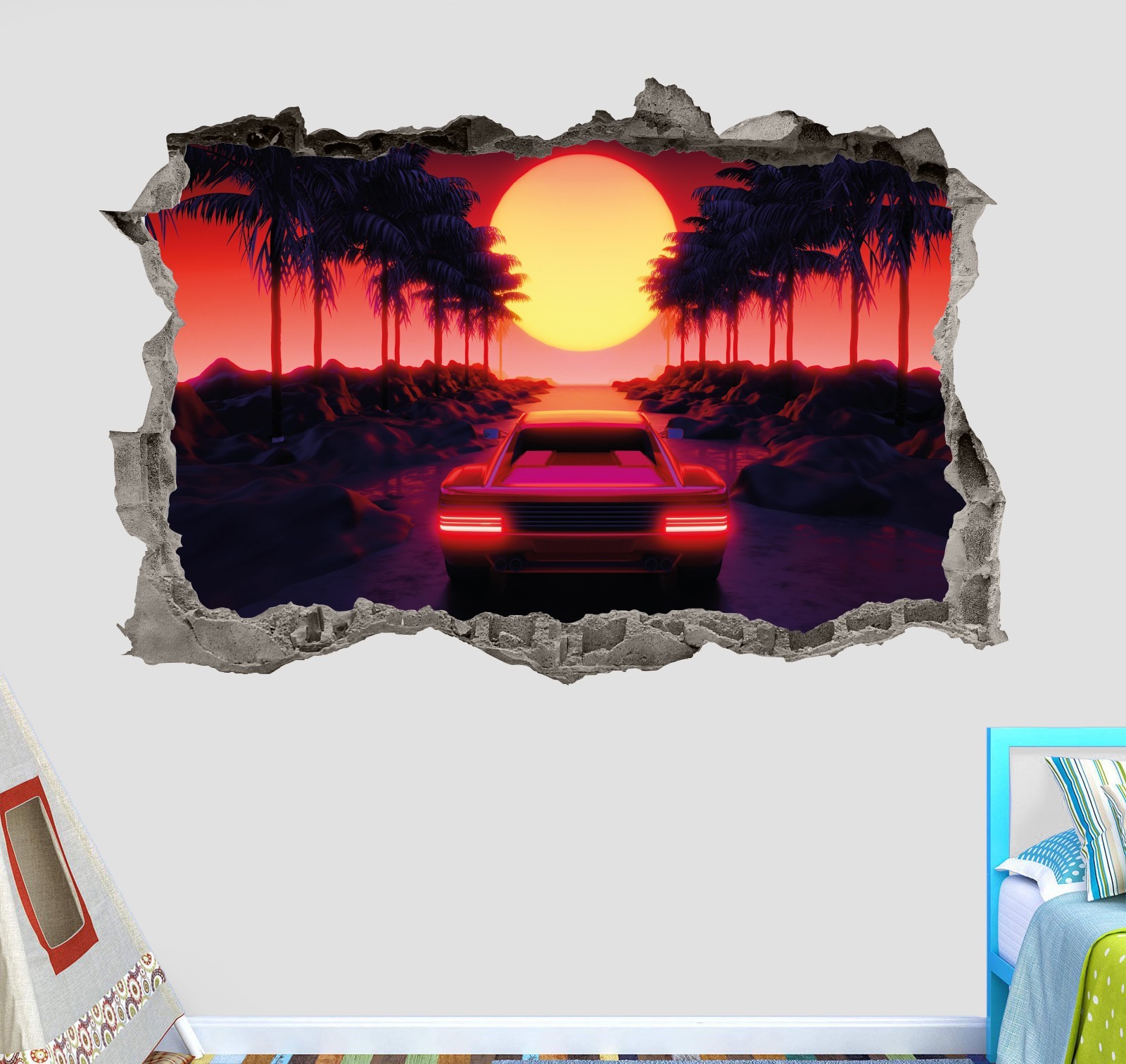 3D Sunset Car Wall Decal Broken Wall Effect Vinyl Sticker Palm Tree Art M-90