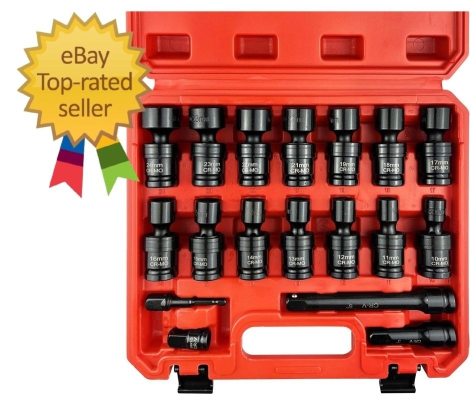 18-Piece 1/2″ Drive Shallow Impact Socket Set, Metric Wobble & Swivel Sockets, 1
