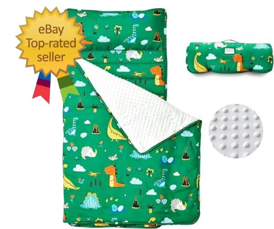 Toddler Nap Mat, Rollup Design Kid Sleeping Mat with Removable Pillow & Minky Bl