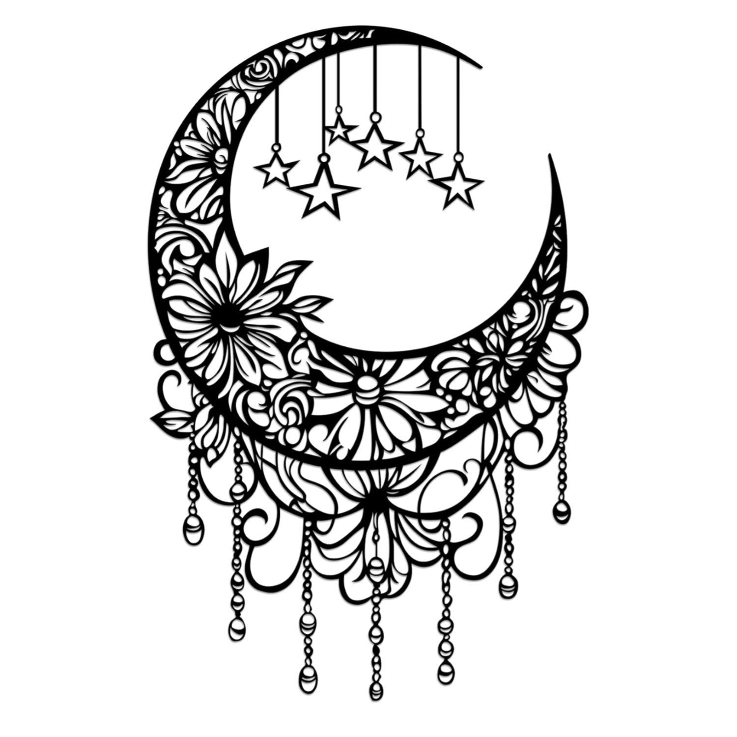Black Metal Moon Wall Decor Boho Moon Phase Wall Art with Hanging Stars Flora…