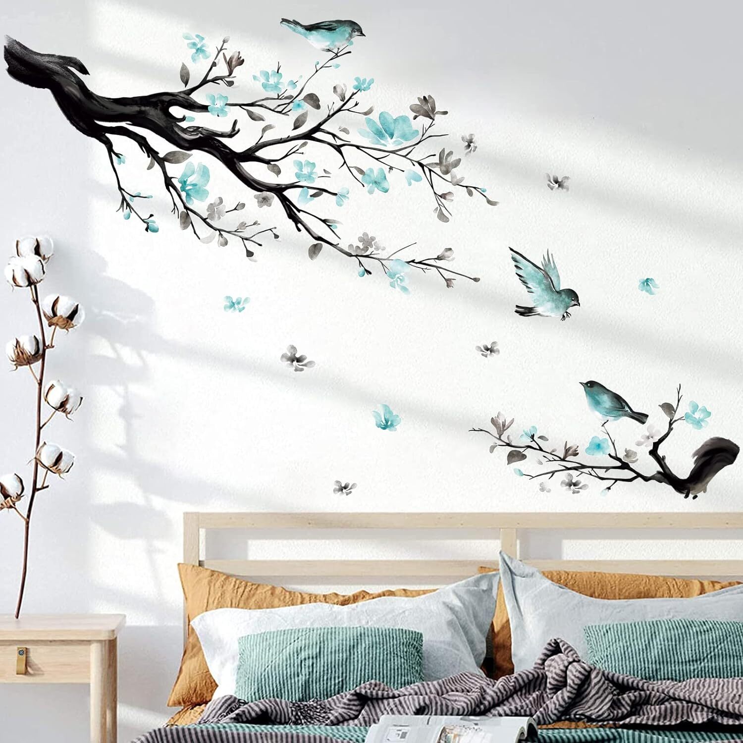 Decalmile Watercolor Blue Flower Wall Decals Blossom Bird Tree Branch Wall
