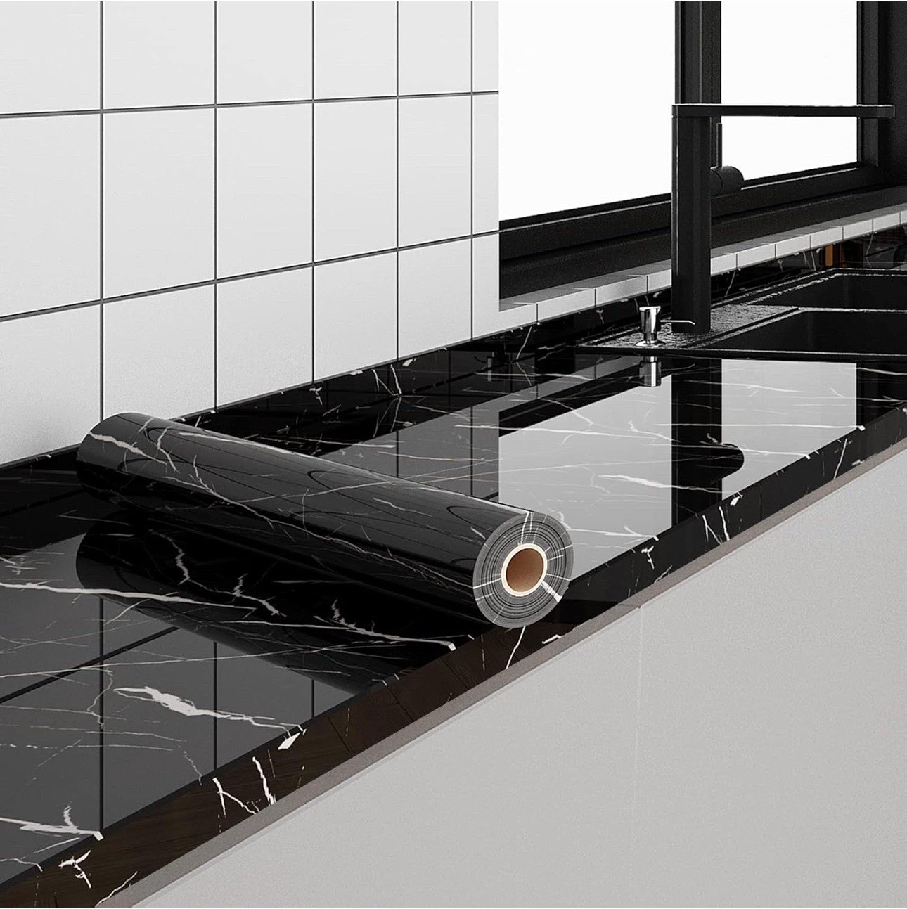 FUKU MON 24″x394″ Black Marble Wallpaper Marble Contact Paper for Countertops…