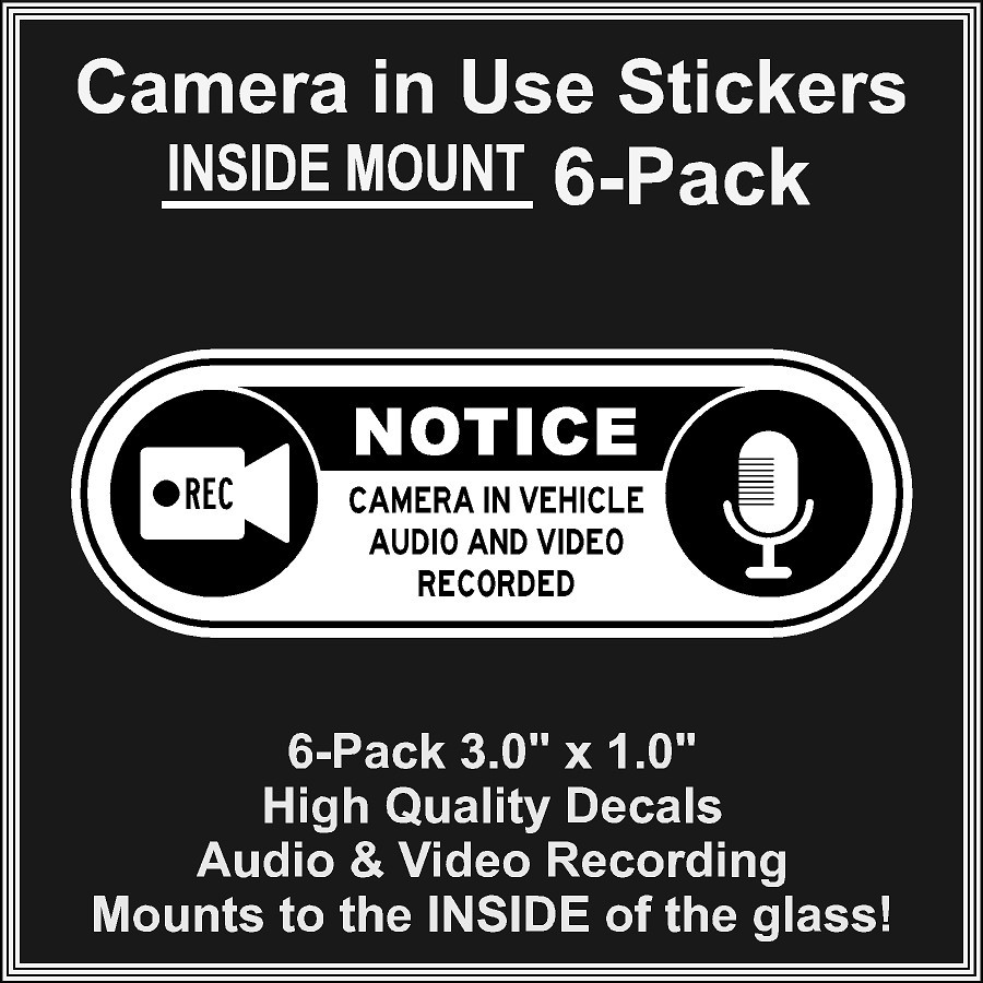 Camera in Car Recording Video 6-Pack INSIDE MOUNT Decals White Black 3.0″ x 1.0″