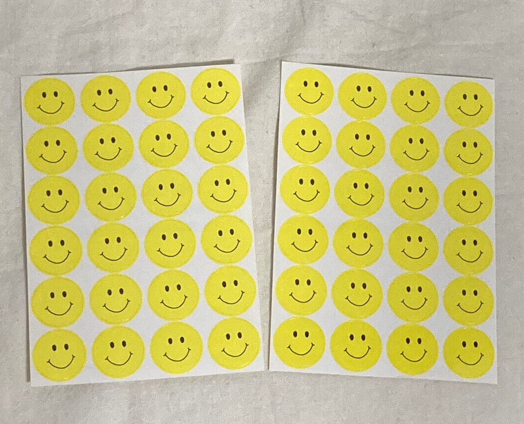 Vntg Happy Smiley Face Adhesive Craft Stickers 3/4″ H. Yellow 2 Sheets