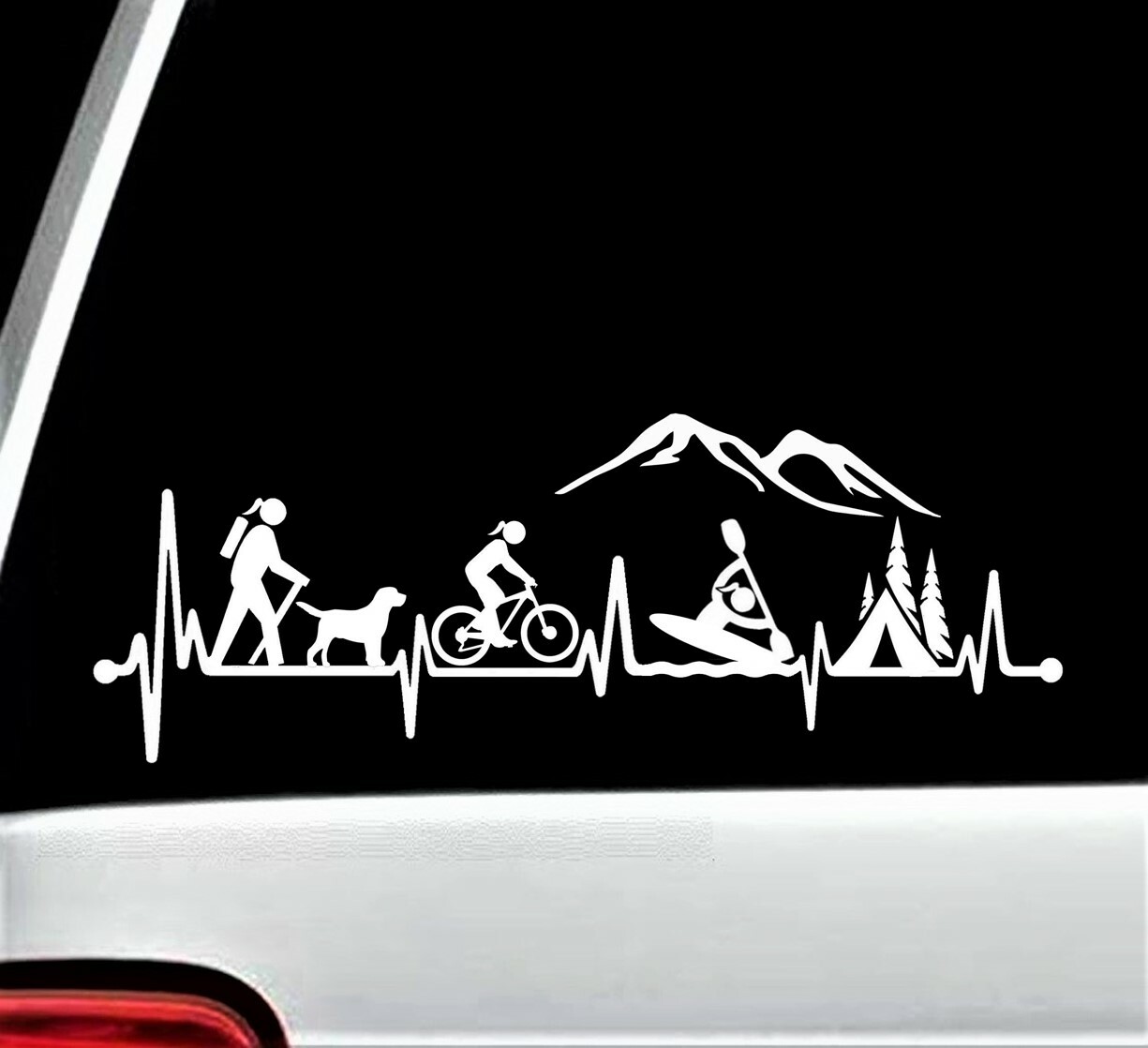 Hiker Girl Dog Bicycle Cycling Kayak Camping Tent Heartbeat Decal 12 Inch BG 620