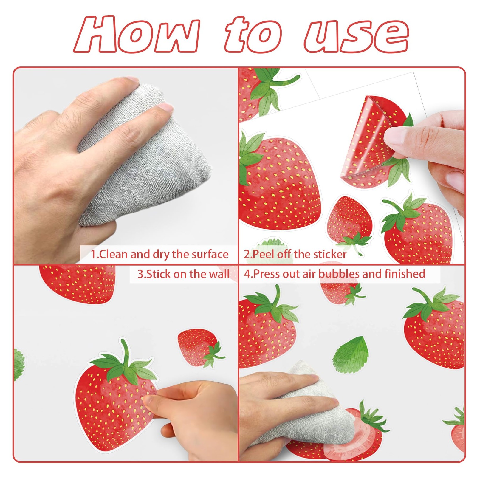 Strawberry Wall Decals – 8 Sheets 64 Pcs Removable Red Strawberry Wall Sticke…