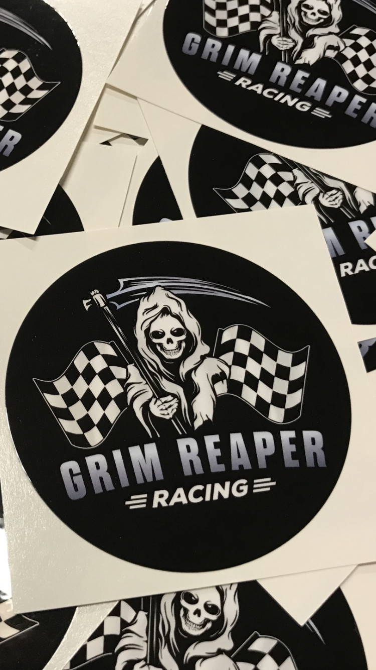2 Grim Reaper Racing skull skeleton Sticker metal checkered flag fast cars black