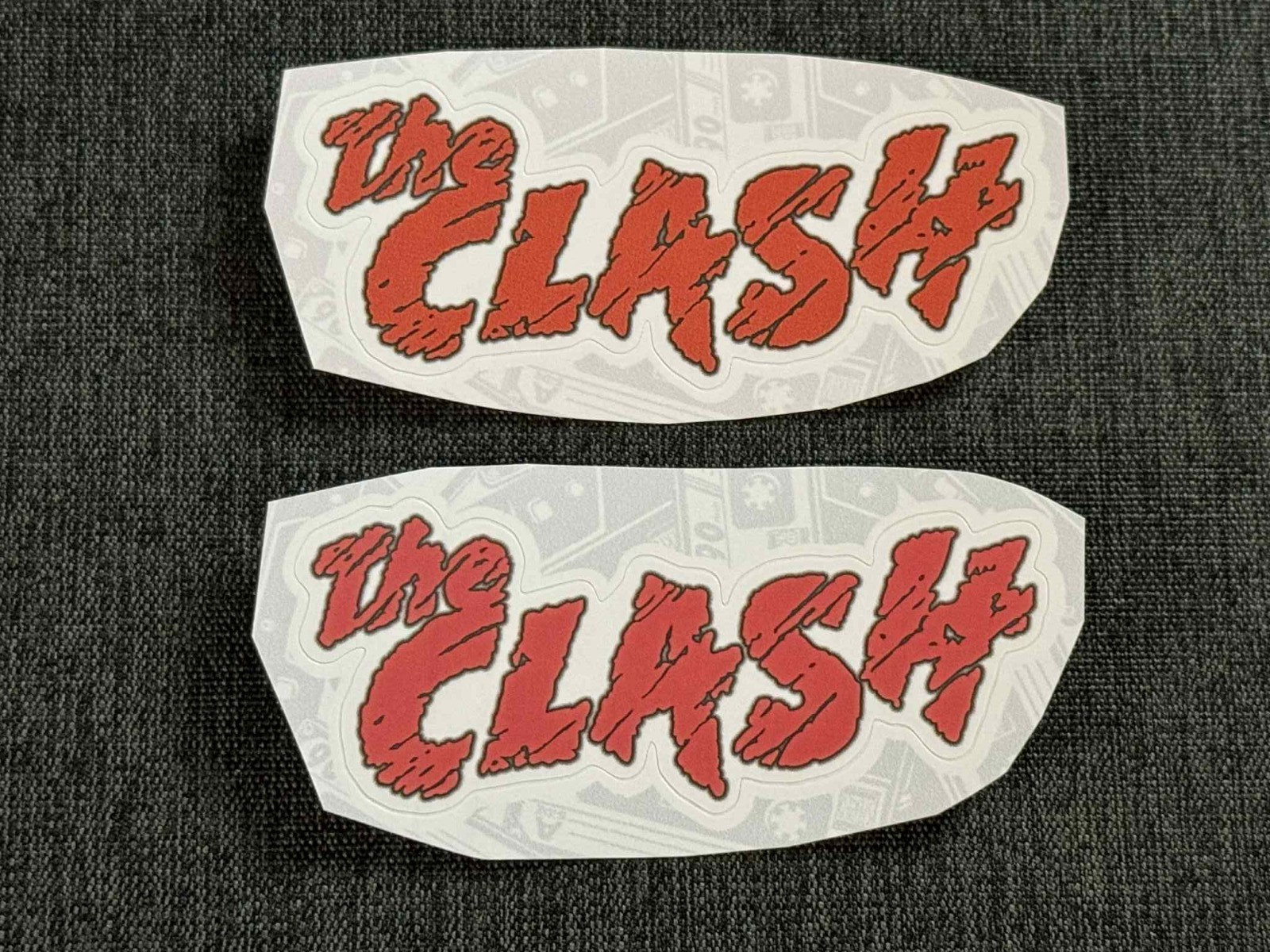 Lot (2) THE CLASH 1 1/2″ x 3 1/2″ Band Logo Red White STICKERS Fast! FREE SHIP!