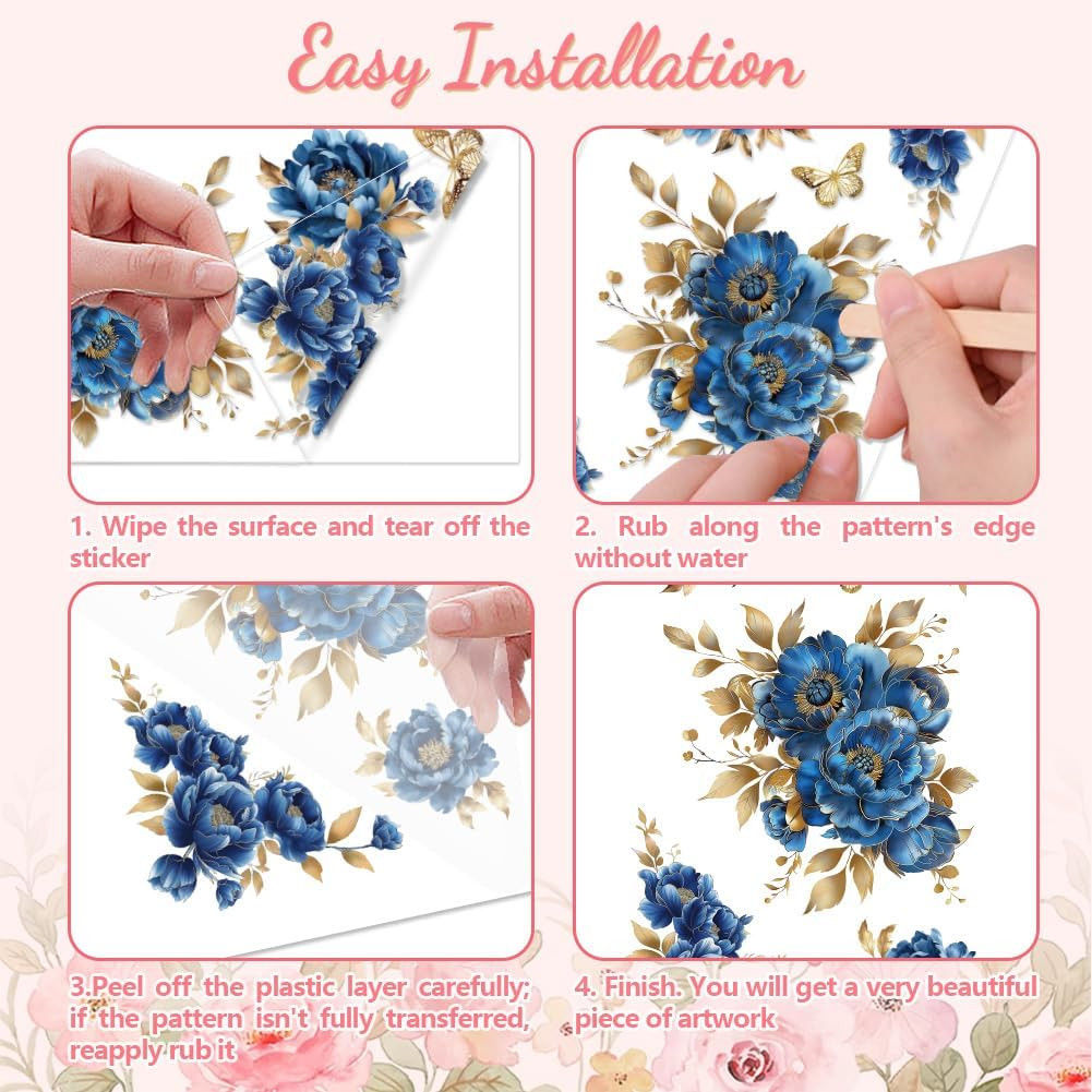 Rub on Transfer Sticker for Furniture Crafts Decor 6″X12″ Blue and Gold Peonies