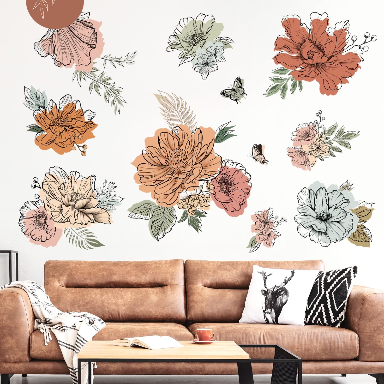 Boho Vintage Large Flower Wall Decals Bohemian Floral Sun Butterfly Wall Stic…