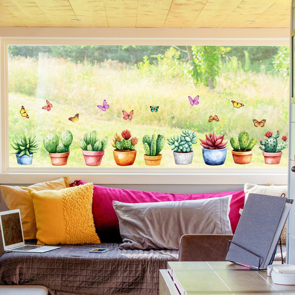 Double Sided PVC Window Sticker with Plant Flower Design for Interior Glass