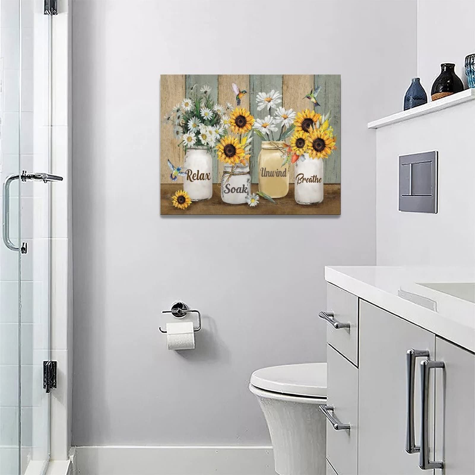 Farmhouse Sunflower Daisy Bathroom Decor Wall Art Rustic Hummingbird Yellow F…