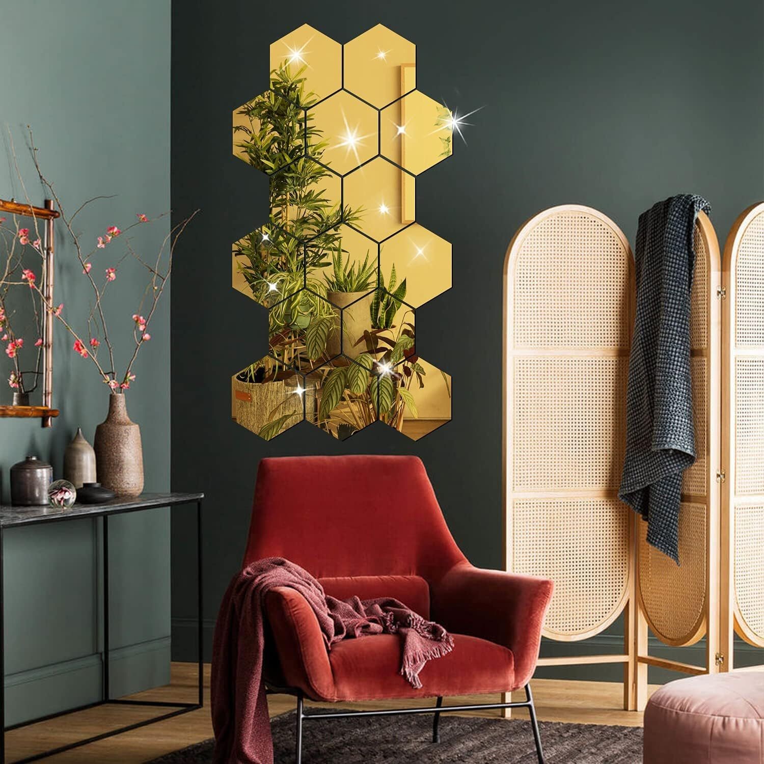 24Pcs Large Hexagonal Mirror Wall Stickers Boho Living Room Background Wall Art