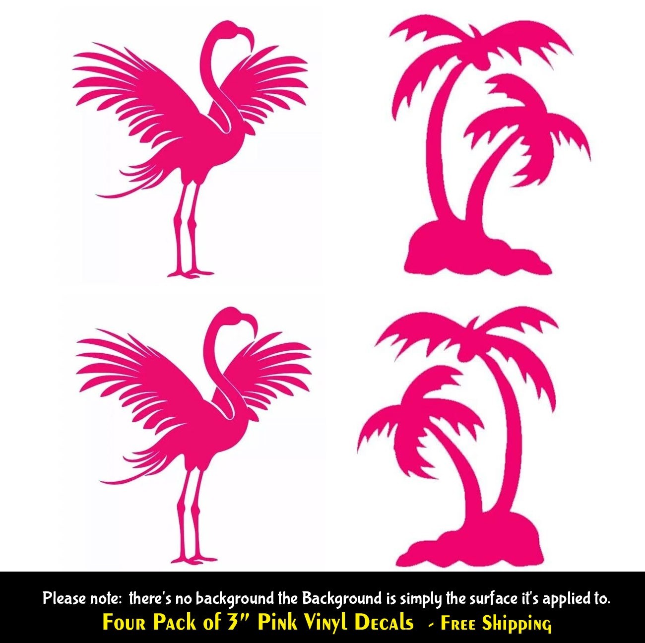 Flamingo & Palm Tree 4 Pack of 3″ Pink Vinyl Decals Vehicle Windows Tumblers Mug
