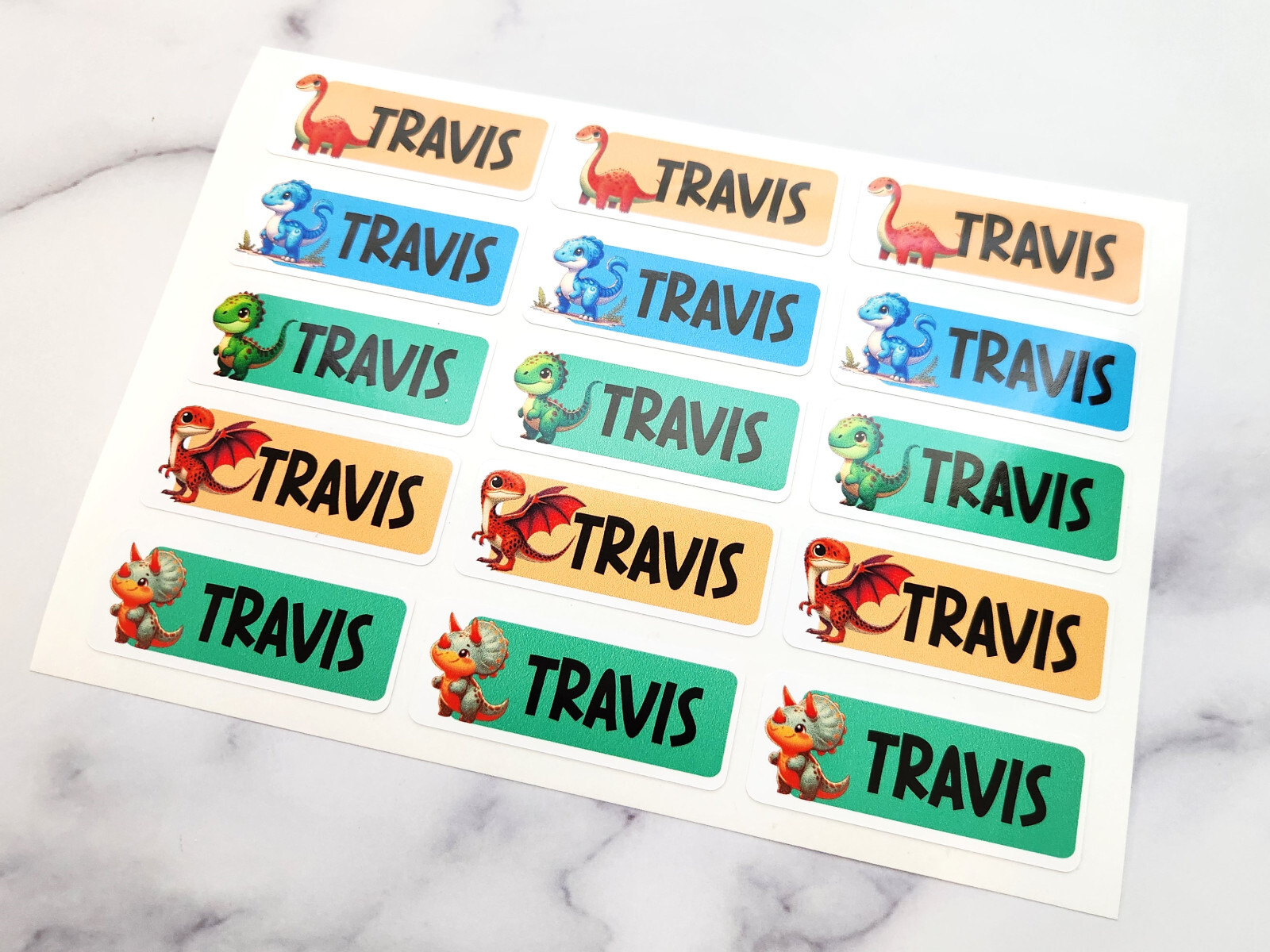 Custom Name Dinosaur Stickers – 15-Pack Label Sheet for Kids, 2″ Name Tags
