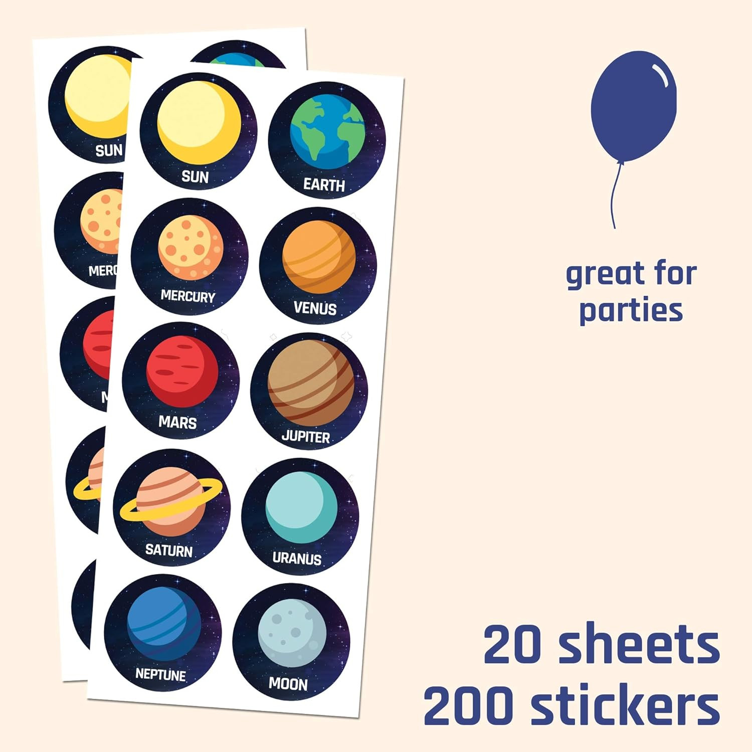 Planet Solar System Stickers, 1.5″ – 20 Sheets, 200 Stickers