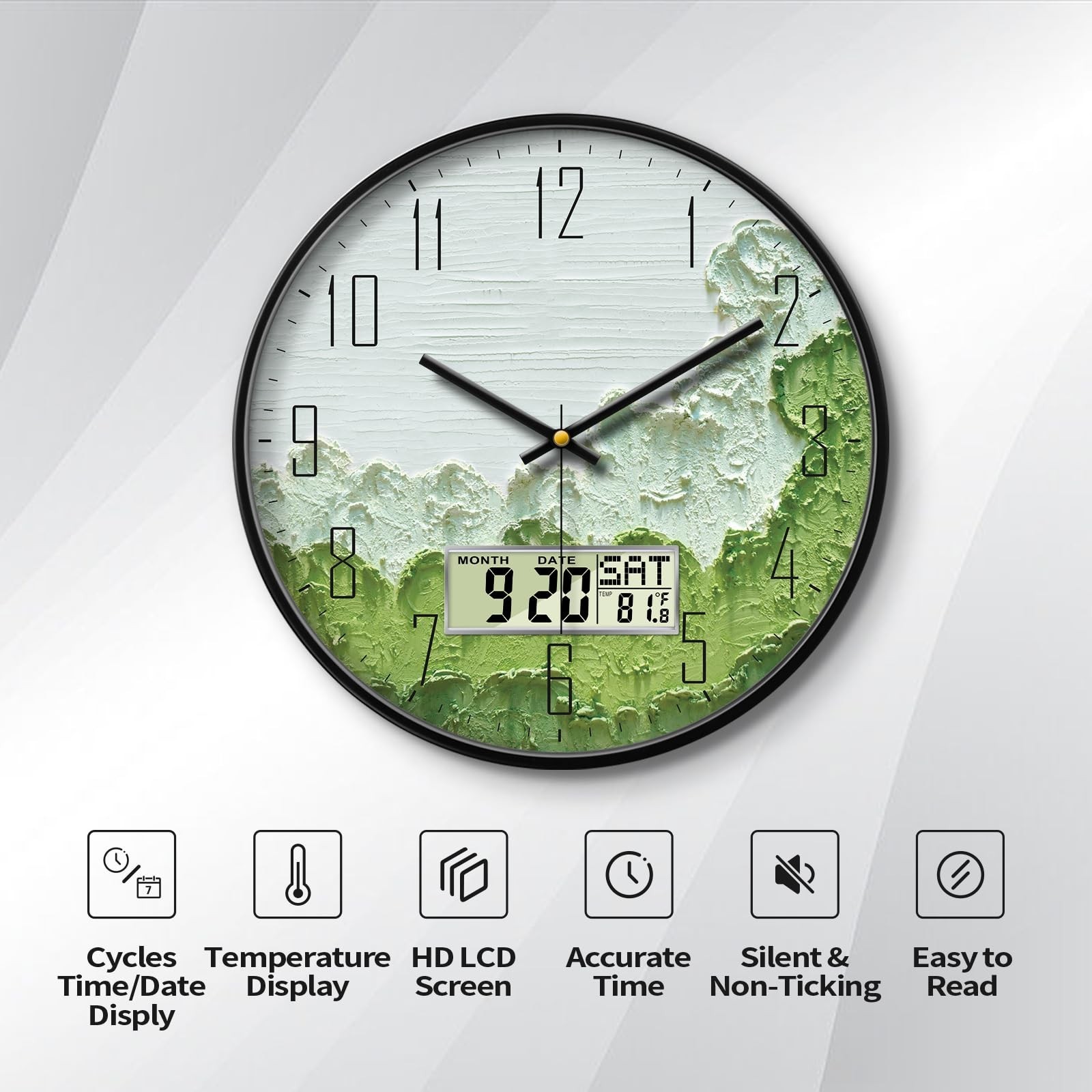 Modern Wall Clock with Temperature Green Forest Large Display Non-Ticking Bat…