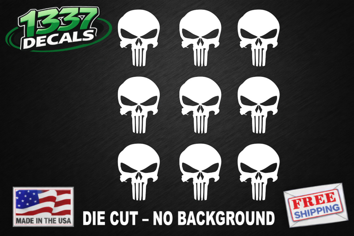 (9) The Punisher Skull Vinyl Decals Phone Helmet Gun Mag 1″ 2″ 3″ Stickers