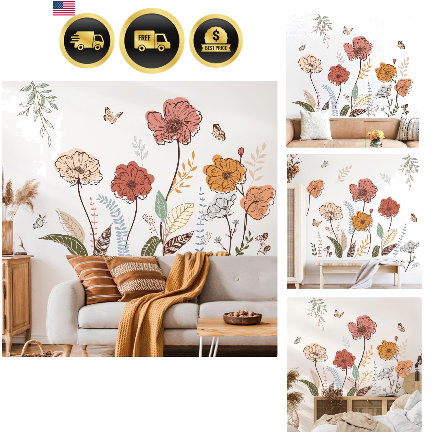 Boho Flower Wall Stickers Wildflower Floral Grass Peel and Stick Wall Art Dec…
