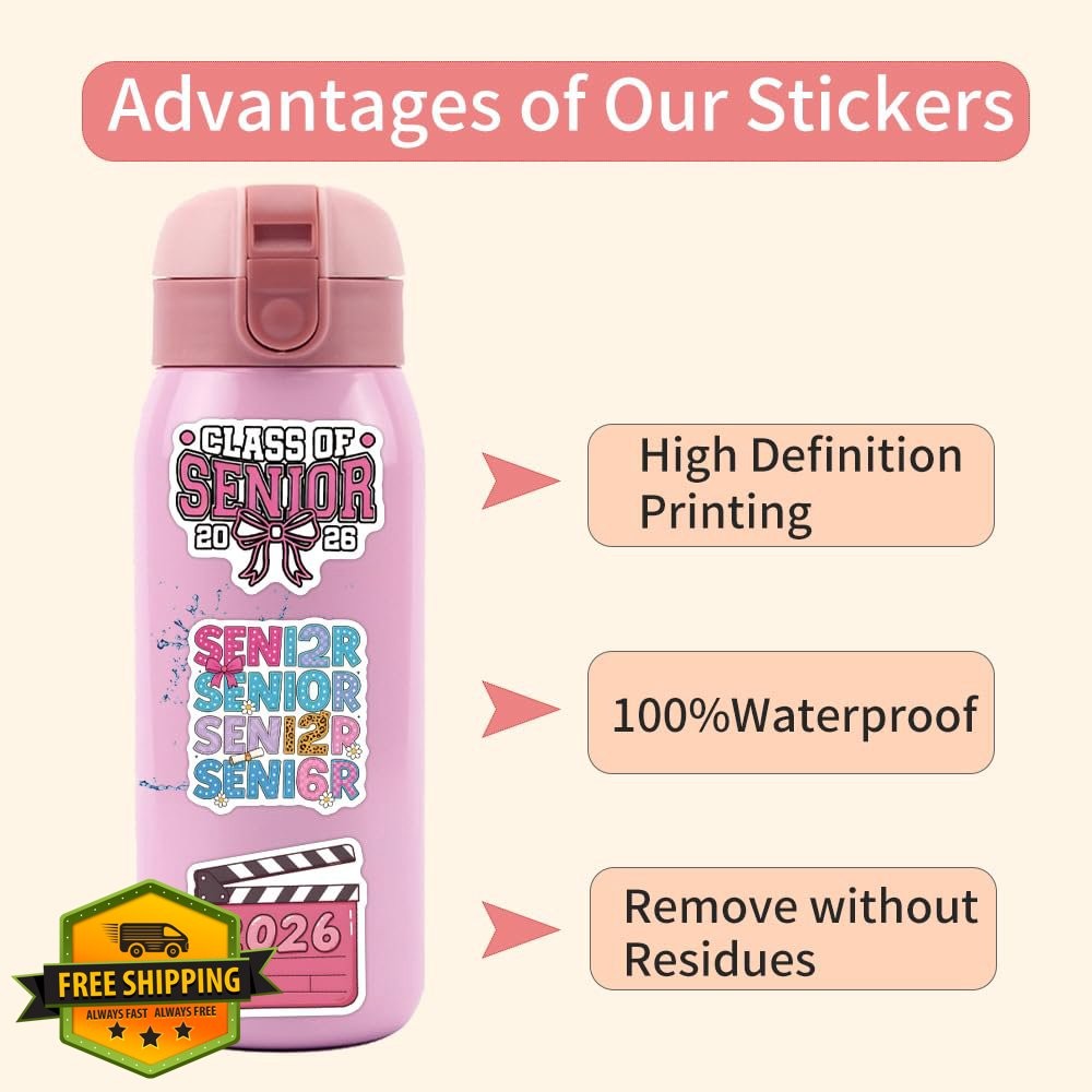 54Pcs Class of 2026 Stickers, Waterproof Vinyl Decals Pack