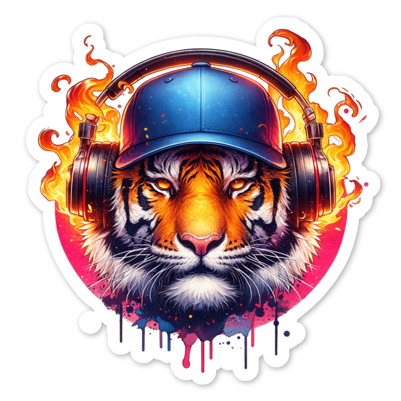 Tiger and Headphones Vinyl Sticker, Water Resistant, Laptop, Water Bottle