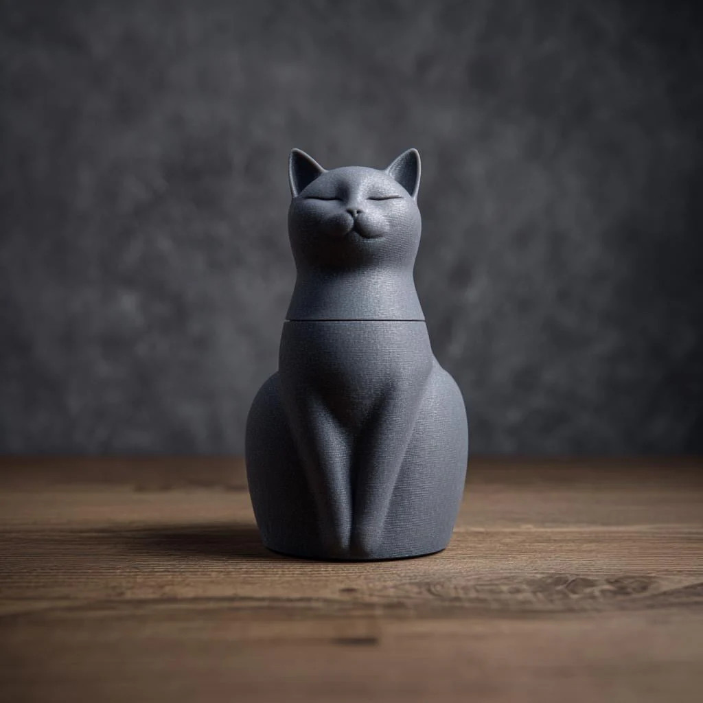 Cat Pet Ashes Urn | 3D Printed Minimal Memorial Keepsake with Serene Cat