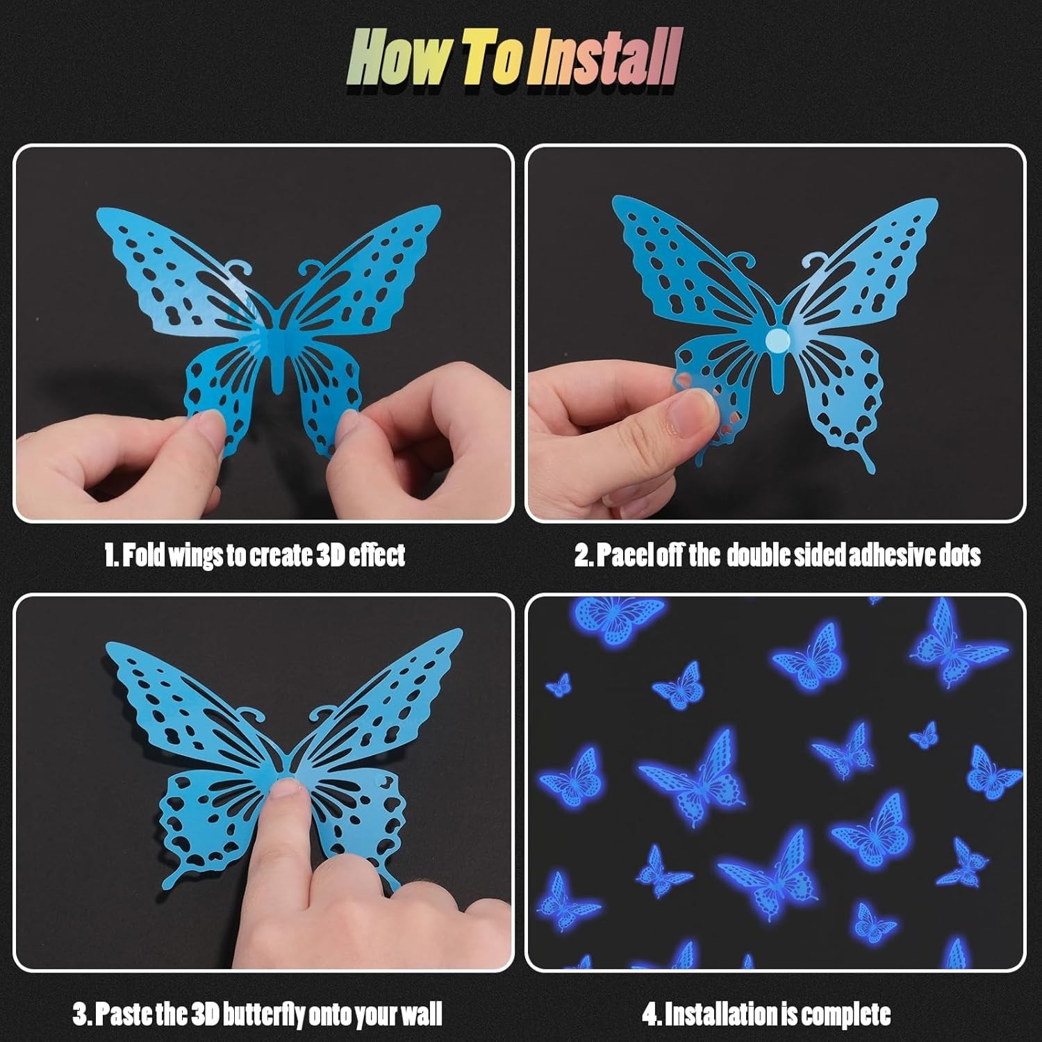 24-Pack 3D Blue Butterfly Wall Stickers Glow In The Dark Luminous Nursery Decal