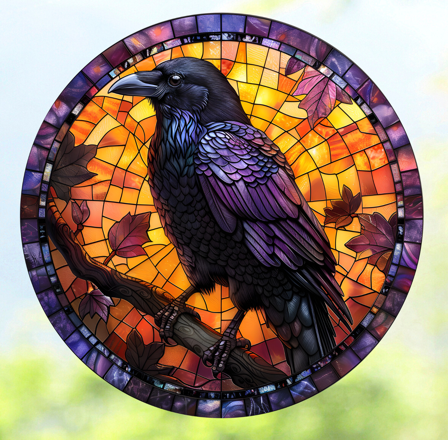 Raven Faux Stained-Glass WINDOW CLING Sun-catcher Size 8″ Round Vinyl