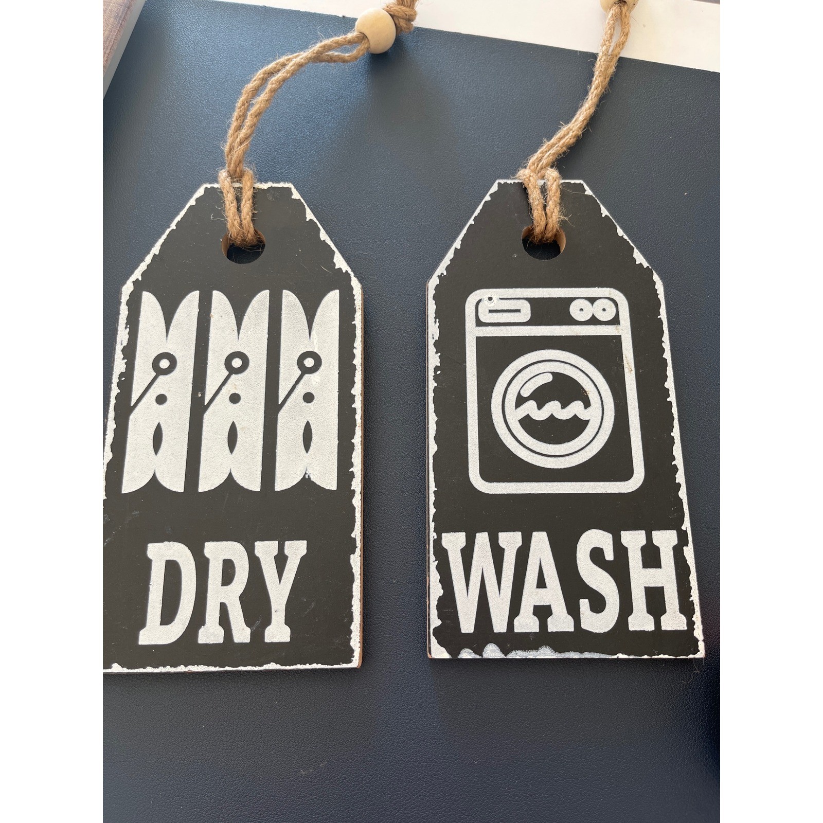 Rustic Farmhouse Laundry Room Decor Sign Wash Dry Wooden Tags Clothesline