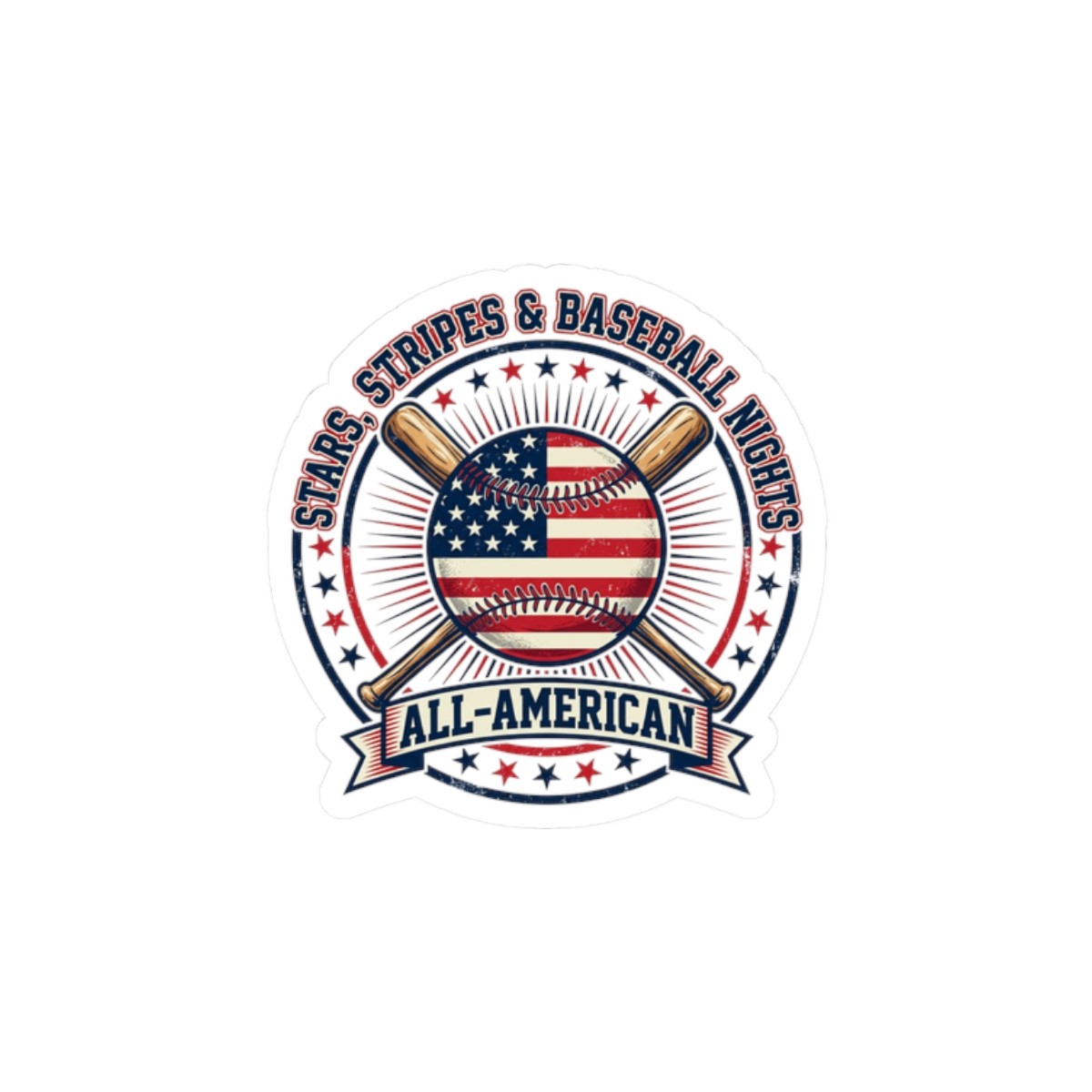 All-American Patriotic Baseball Sticker | Kiss-Cut, Retro Ballpark Aesthetic